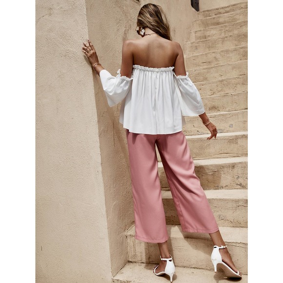 2 piece set: boho Off The Shoulder Frill Trim crop Top & wide leg pants blue - Picture 7 of 11